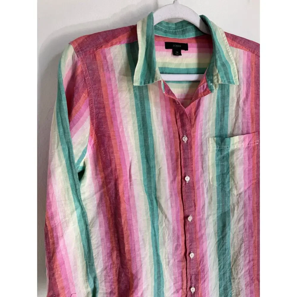 J. Crew Linen Blend Women’s Button Up Long Sleeve Colorful Stripes Size 14‎